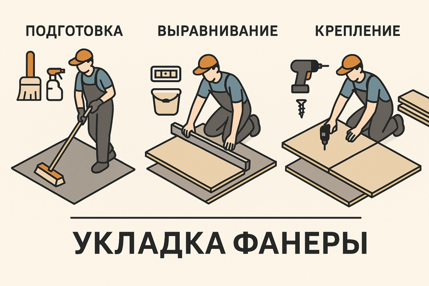 Последовательные этапы укладки фанеры
