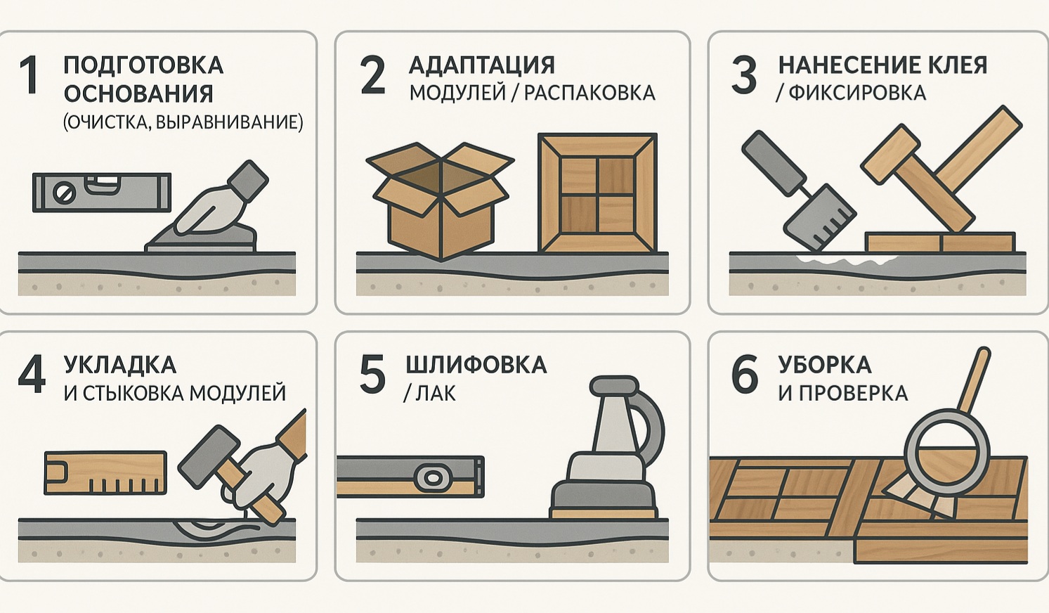 Основные этапы укладки модульного паркета
