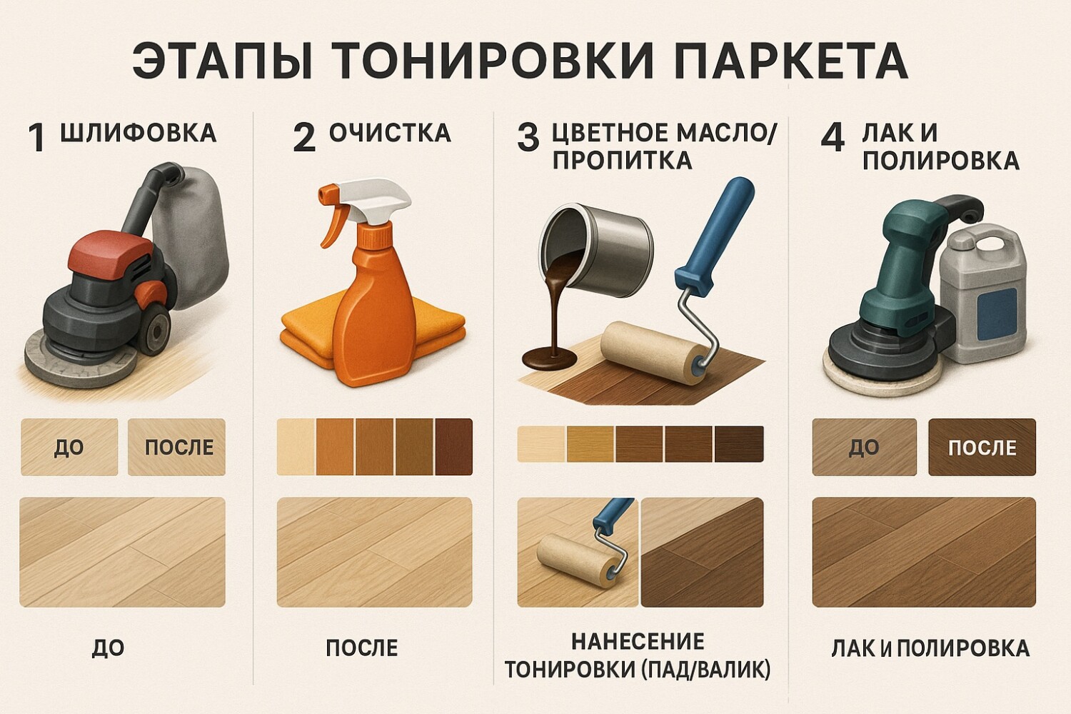Этапы тонировки паркета
