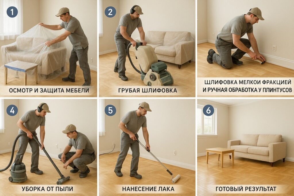 Пример процесс циклевки паркета без выноса мебели