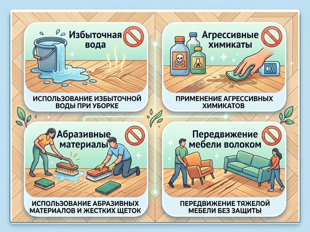 Чего следует не делать при уборке деревянного паркетного пола